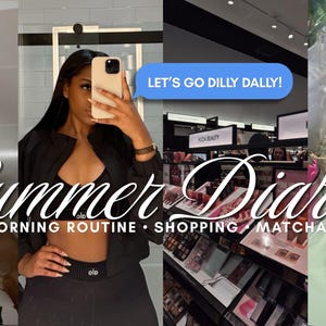 Op de afbeelding: Een collage van afbeeldingen met de tekst "Summer Diaries" en de subtekst "Morning Routine, Shopping, Matcha Date." De afbeeldingen tonen een douche, een persoon die een selfie maakt, een winkel en matcha-dranken.