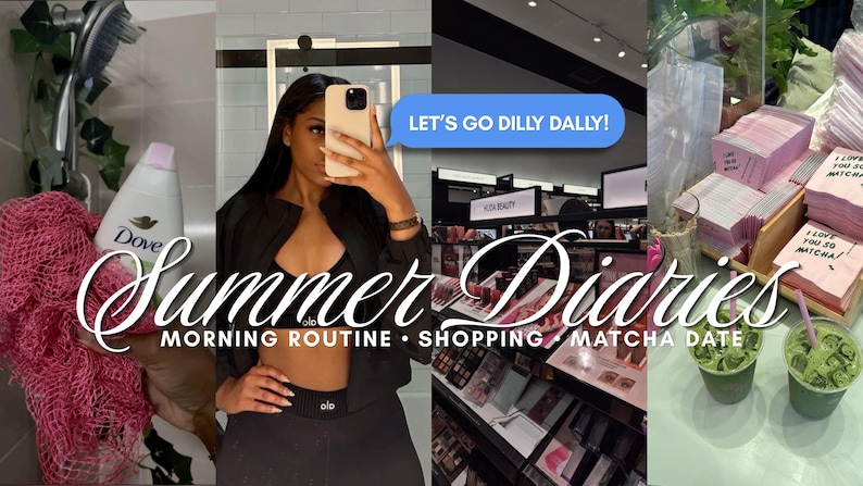 Op de afbeelding: Een collage van afbeeldingen met de tekst "Summer Diaries" en de subtekst "Morning Routine, Shopping, Matcha Date." De afbeeldingen tonen een douche, een persoon die een selfie maakt, een winkel en matcha-dranken.