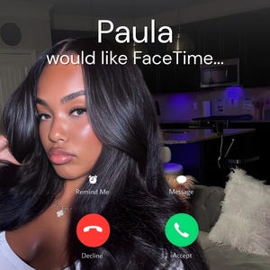 May include: A screenshot of a FaceTime call from Paula. The screen displays a woman with long, dark hair, wearing a white top. The call interface shows "Paula would like FaceTime..." with decline and accept buttons.