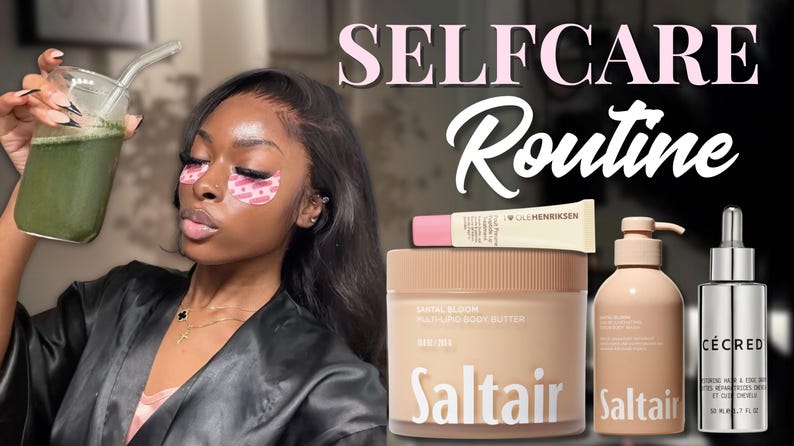 May include: A woman holding a green drink in a glass with a straw, wearing eye patches, and surrounded by beauty products. The image includes products from Saltair, C&Eacute;CRED, and Ole Henriksen, with the words "SELFCARE Routine" in the background.