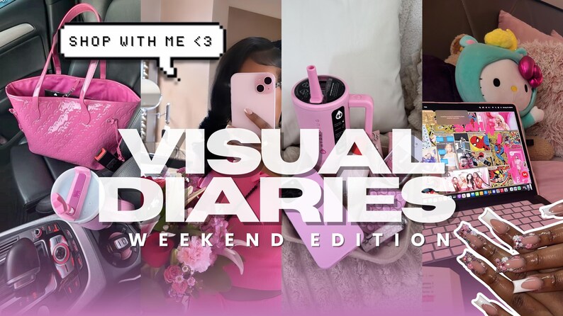 May include: A collage featuring a pink tote bag, a pink phone, a pink blender, and a laptop. The text "VISUAL DIARIES WEEKEND EDITION" is overlaid on the image. A speech bubble reads "SHOP WITH ME <3".