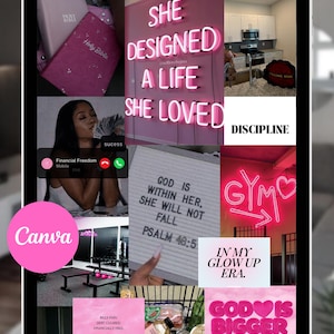 May include: A digital vision board template with a pink and white aesthetic. The board includes images and text such as "She Designed A Life She Loved", "Discipline", and "God is Within Her, She Will Not Fall". The Canva logo is visible.