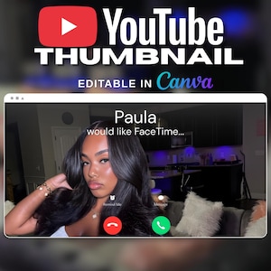 Peut inclure: Visuel de miniature YouTube avec le logo YouTube et le texte "YouTube Thumbnail". L'image comprend une capture d'écran d'un appel vidéo avec le nom "Paula" et les mots "would like FaceTime..." dans un cadre blanc.