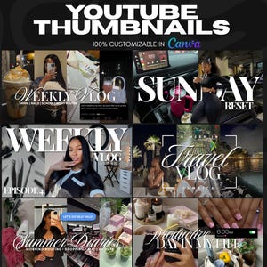 Può includere: Un design grafico con sei modelli di miniature di YouTube. Le miniature mostrano vari temi di vlog, tra cui vlog settimanali, vlog di viaggio e routine quotidiane. Il testo include "YouTube Thumbnails" e "100% Customizable in Canva."