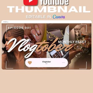 May include: A digital YouTube thumbnail template featuring the text 'YouTube THUMBNAIL EDITABLE IN Canva' at the top. The central graphic displays a collage of four images including a person, manicured nails, a handbag, and glasses, with the text 'Vlogtober', 'EPISODE 001', and 'MONTHLY RESET' overlaid.