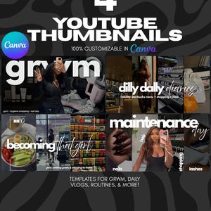 Puede incluir: Imagen promocional con cuatro plantillas de miniaturas de YouTube. Las miniaturas muestran temas como 'GRWM' y 'vlogs diarios'. El texto incluye 'Canva', '100% personalizable' y palabras clave relacionadas con el estilo de vida.