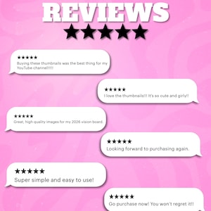 May include: Pink background with the word "REVIEWS" in white block letters. Five black stars are above speech bubbles with customer reviews. The reviews mention YouTube thumbnails and high-quality images.