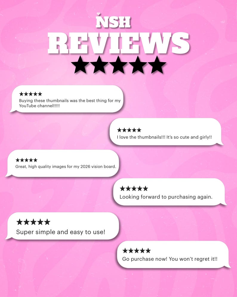 May include: Pink background with the word "REVIEWS" in white block letters. Five black stars are above speech bubbles with customer reviews. The reviews mention YouTube thumbnails and high-quality images.