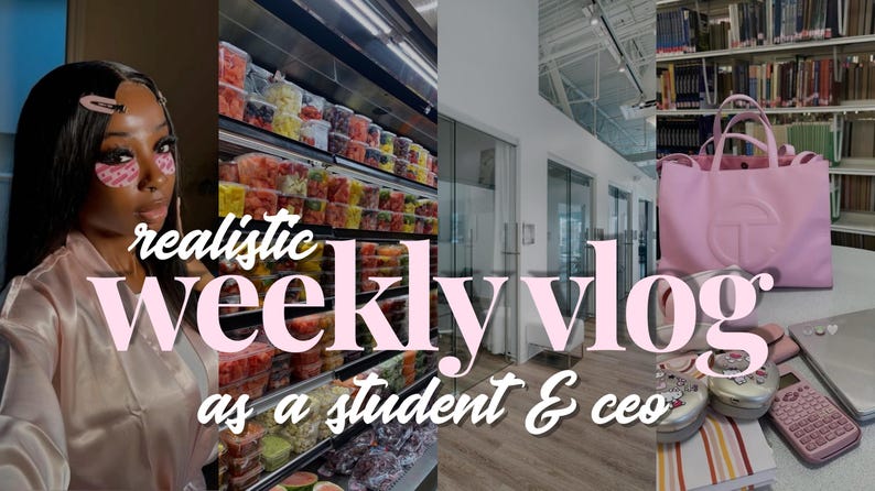 May include: A multi-panel image featuring a person, a grocery store display of fruits, an office space, and a pink tote bag. Text overlay reads "realistic weekly vlog as a student & ceo."