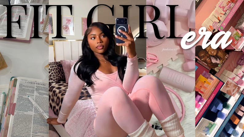 May include: A collage featuring a person in pink activewear, a Bible, and fitness accessories. The text "FIT GIRL era" is displayed across the top. The image includes a pink yoga mat, a water bottle, and a journal.
