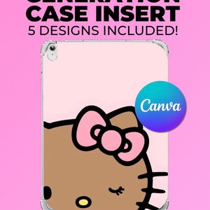 May include: Pink iPad 10th generation case insert featuring a cartoon character design. The case insert includes 5 designs. The Canva logo is visible. Text on the image reads: IPAD 10TH GENERATION CASE INSERT, 5 DESIGNS INCLUDED!, and CANVA TEMPLATE FOR IPAD INSERTS.