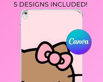 Puede incluir: Inserto de funda para iPad de 10.ª generación rosa con un diseño de personaje de dibujos animados. El inserto de la funda incluye 5 diseños. El logotipo de Canva es visible. El texto de la imagen dice: IPAD 10TH GENERATION CASE INSERT, 5 DESIGNS INCLUDED!, y CANVA TEMPLATE FOR IPAD INSERTS.