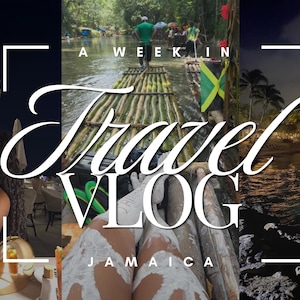Op de afbeelding: Een omslagafbeelding voor een reisvlog met de tekst "Travel Vlog Jamaica". De afbeelding is een collage van sc&egrave;nes, waaronder een vrouw in een restaurant, mensen op een bamboevlot en een nachtsc&egrave;ne aan het water.