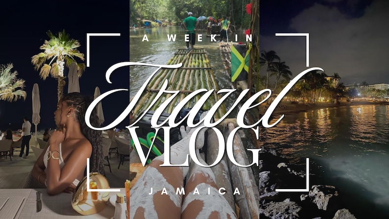 Op de afbeelding: Een omslagafbeelding voor een reisvlog met de tekst "Travel Vlog Jamaica". De afbeelding is een collage van sc&egrave;nes, waaronder een vrouw in een restaurant, mensen op een bamboevlot en een nachtsc&egrave;ne aan het water.