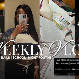 Op de afbeelding: Een afbeelding met meerdere panelen met een Starbucks-koffie, een persoon met een telefoon, studieboeken en een drankje met een spiegel. De tekst "WEEKLY VLOG" wordt weergegeven, samen met "GRWM | NAILS | SCHOOL | NIGHT ROUTINE" en een social media post.