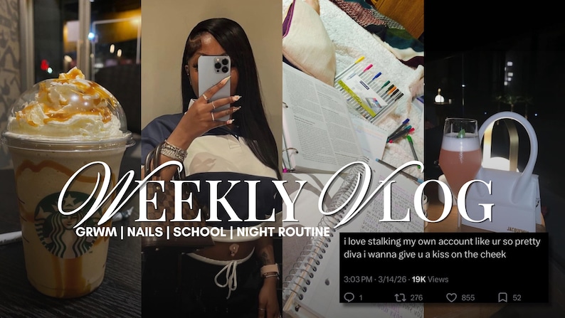 Op de afbeelding: Een afbeelding met meerdere panelen met een Starbucks-koffie, een persoon met een telefoon, studieboeken en een drankje met een spiegel. De tekst "WEEKLY VLOG" wordt weergegeven, samen met "GRWM | NAILS | SCHOOL | NIGHT ROUTINE" en een social media post.