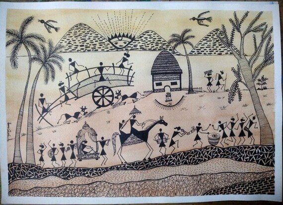 warli painting indian folk art water colour painting original painting hand made painting wall decor