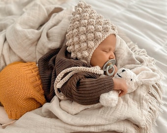 Bobbie bonnet, heirloom Crochet Pixie Bonnet | Textured Baby Hat, Newborn Keepsake, Acrylic Yarn