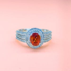 Orange Sapphire Sterling Silver Ring: Oval Halo, September Birthstone