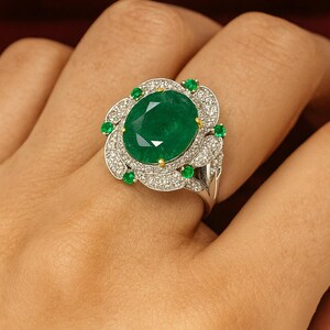 Oval Emerald Engagement Ring: White Plated Sterling Silver, May Birthstone