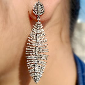Diamond Feather Earring, Silver Feather Earring, Diamond Earring,Silver diamond Earring, 925 Sterling Silver Dangle Earring, Feather Earring