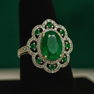 Oval Emerald Engagement Ring: White Plated Sterling Silver, May Birthstone