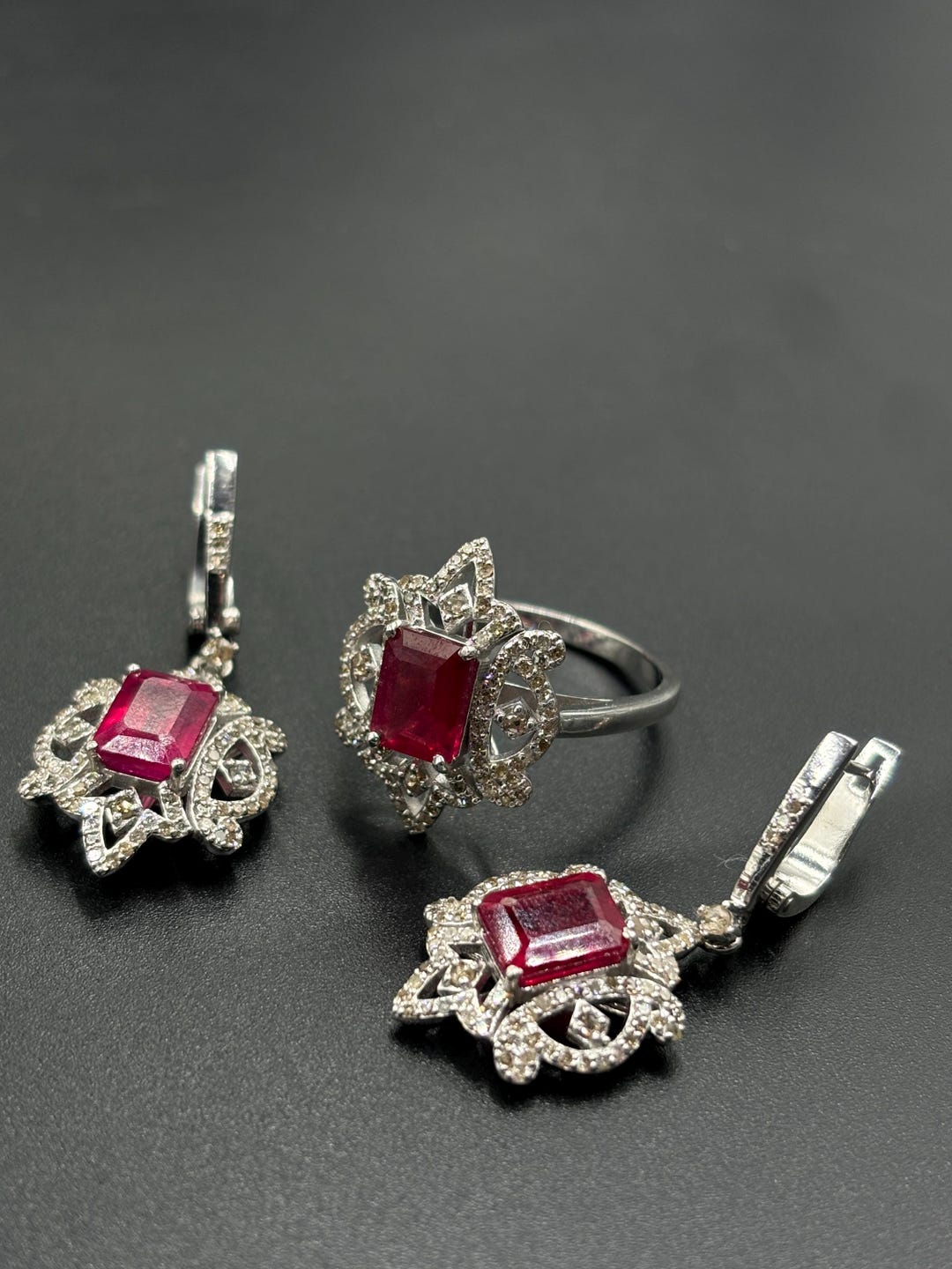 Simulated Emerald Cut Red Ruby Jewelry Set, Rectangle Luxury 925 ...