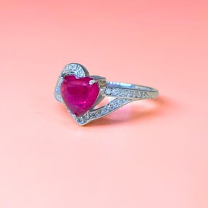 Anel de noivado exclusivo em formato de coração com rubi rosa, anel de prata esterlina 925, anel de casamento, anéis de aniversário de promessa para mulheres, presente para ela