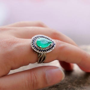 Natural Emerald Ring-925 Sterling Silver- Blue Sapphire Gemstone Ring-Engagement Ring-Promise Ring-Anniversary Ring-Gift For Women.