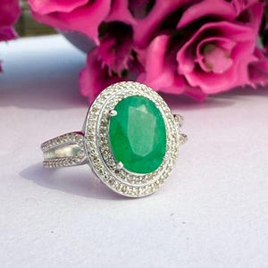 Emerald Ring- Sterling Silver Ring-Genuine Emerald Engagement Ring-Twisted Vine Promise Ring-May Birthstone-Oval Cut Ring-Gift For Valentine