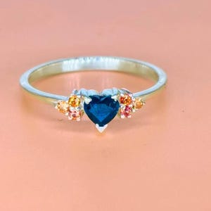 Heart Blue Sapphire Sterling Silver Ring with Orange Sapphire Accents
