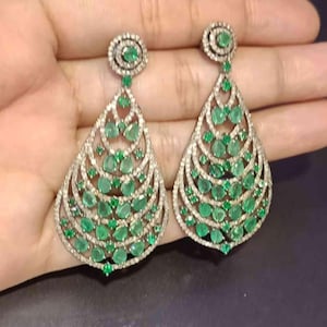 Natural Emerald Gemstone Dangle Earring,Emerald With Pave Diamond Earring,925 Sterling Silver Earring,Bridal Earring Jewelry,Gift For Women