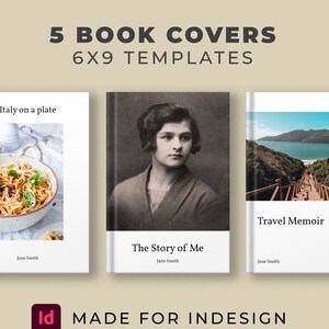 Könnte beinhalten: Drei Buchcover-Vorlagen für ein 6x9-Buch. Das erste Cover zeigt ein Foto von Pasta auf einem Teller, das zweite Cover zeigt ein Schwarzweißfoto einer Frau und das dritte Cover zeigt ein Foto einer Holztreppe, die zu einem Strand führt.