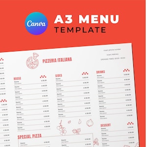 PIZZA Placemat Menú Plantilla / Canva A3 / DIY Editable / Para llevar Menú Tablero Restaurante Lista de precios