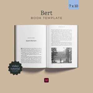 Op de afbeelding: Een open boeksjabloon genaamd Bert met afmetingen van 7 x 10. De pagina's bevatten zwarte tekst, een hoofdstuknummer, een tijdelijke aanduiding voor de titel en een zwart-wit landschapsfoto van een persoon bij een meer.
