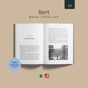 May include: An A5 book template titled Bert, featuring an open book layout with placeholder text, a chapter title section, and a black and white landscape photograph of a person standing by a lake. A blue star-shaped badge reads video tutorial included.