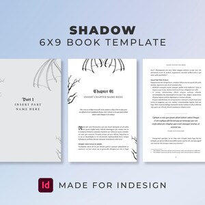 Puede incluir: Una plantilla de libro titulada "SHADOW 6X9 BOOK TEMPLATE" con un dise&ntilde;o g&oacute;tico. La plantilla incluye p&aacute;ginas con marcadores de posici&oacute;n de texto, ilustraciones decorativas de murci&eacute;lagos y ramas, y el texto "MADE FOR INDESIGN".