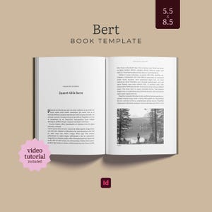 May include: An open book template titled Bert with 5.5 x 8.5 dimensions. The layout features black text on white pages, including a chapter title placeholder, body paragraphs, and a black and white landscape photograph of a person near a lake.