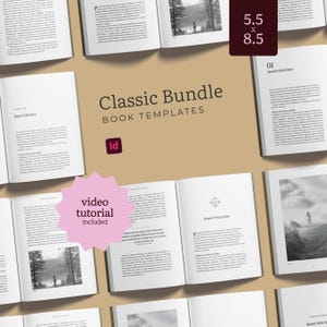Peut inclure: Une collection de modèles de livres ouverts avec du texte noir sur pages blanches, incluant des photos de paysages et des titres de chapitres. Un carré sombre affiche 5,5 x 8,5 pouces, une étoile rose indique video tutorial included.