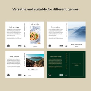 May include: Four book cover mockups with different genres and titles. The covers feature a variety of images, including a plate of pasta, a mountain range, a path leading to a bay, and a green background. The titles are "Italy on a plate", "How to meditate", "Travel Memoir", and "The Entangled Garden".
