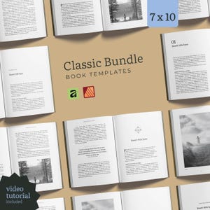 Pode incluir: Uma coleção de modelos de livros abertos com texto preto em páginas brancas e fotografias de paisagens em preto e branco. O texto central diz Classic Bundle BOOK TEMPLATES. Uma caixa azul exibe 7 x 10 e uma estrela preta diz video tutorial included.