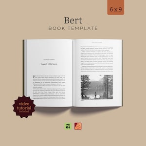 May include: A Bert book template with 6x9 dimensions, featuring an open book layout with placeholder text, a chapter title section, and a black and white landscape photograph. A dark star-shaped badge indicates a video tutorial is included.