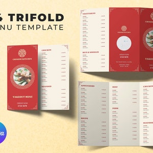 Modelo de menu para viagem ORIENTAL | Folheto com três dobras Canva A4 | Faça você mesmo editável | Tabela de preços do restaurante Take away