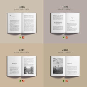 May include: Four book templates labeled Lora, Tom, Bert, and Jane, each displaying open pages with black text on white paper. The layouts include headers, body paragraphs, and black-and-white photographs, presented in a grid on four distinct neutral backgrounds.
