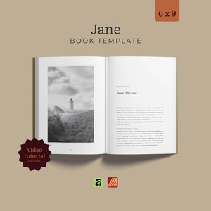 May include: An open book template titled Jane with 6x9 dimensions. The left page displays a black and white photograph of a lighthouse on a dune, while the right page features chapter text and a placeholder for a title. A video tutorial badge is included.