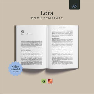 May include: An open book template titled Lora Book Template with A5 size indicator. The pages feature placeholder text, a chapter heading 01, and subheadings. A light blue star-shaped badge indicates a video tutorial is included in the set.