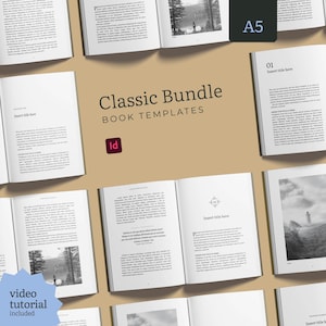 May include: A collection of open book layouts featuring black text on white pages, including chapter headings, paragraph blocks, and black and white landscape photographs. The central text reads Classic Bundle BOOK TEMPLATES with an Id icon.