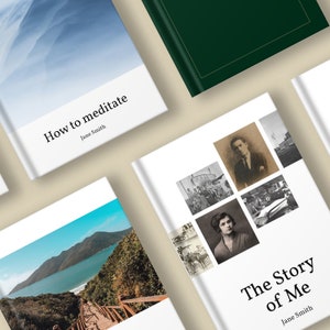 May include: Four book covers with different designs. The first book cover is white with a blue and white gradient background and the text "How to meditate" and "Jane Smith". The second book cover is white with a photo of a wooden staircase leading up a hill to a beach. The third book cover is white with a green background and the text "The Story of Me" and "Jane Smith". The fourth book cover is white with a collage of six black and white photos.