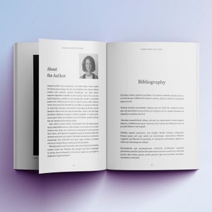 Puede incluir: Un libro abierto con el t&iacute;tulo "About the Author" en la p&aacute;gina izquierda y "Bibliography" en la derecha. La p&aacute;gina izquierda incluye una foto de una mujer. El texto es negro sobre fondo blanco.