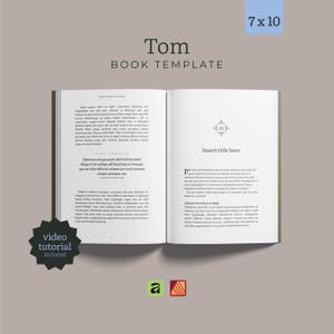 Peut inclure: Un modèle de livre ouvert intitulé Tom avec des dimensions de 7 x 10, présentant du texte noir sur des pages blanches, un titre de chapitre avec le numéro 02, et un badge en forme d'étoile noire avec le texte video tutorial included.